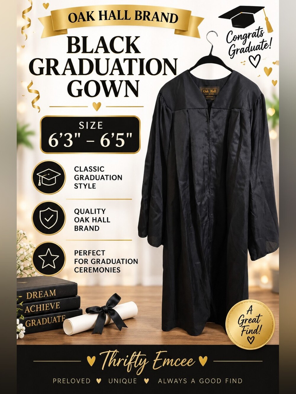 Oak Hall Black Graduation Gown ▪︎ Size Range 6'3" – 6'5"